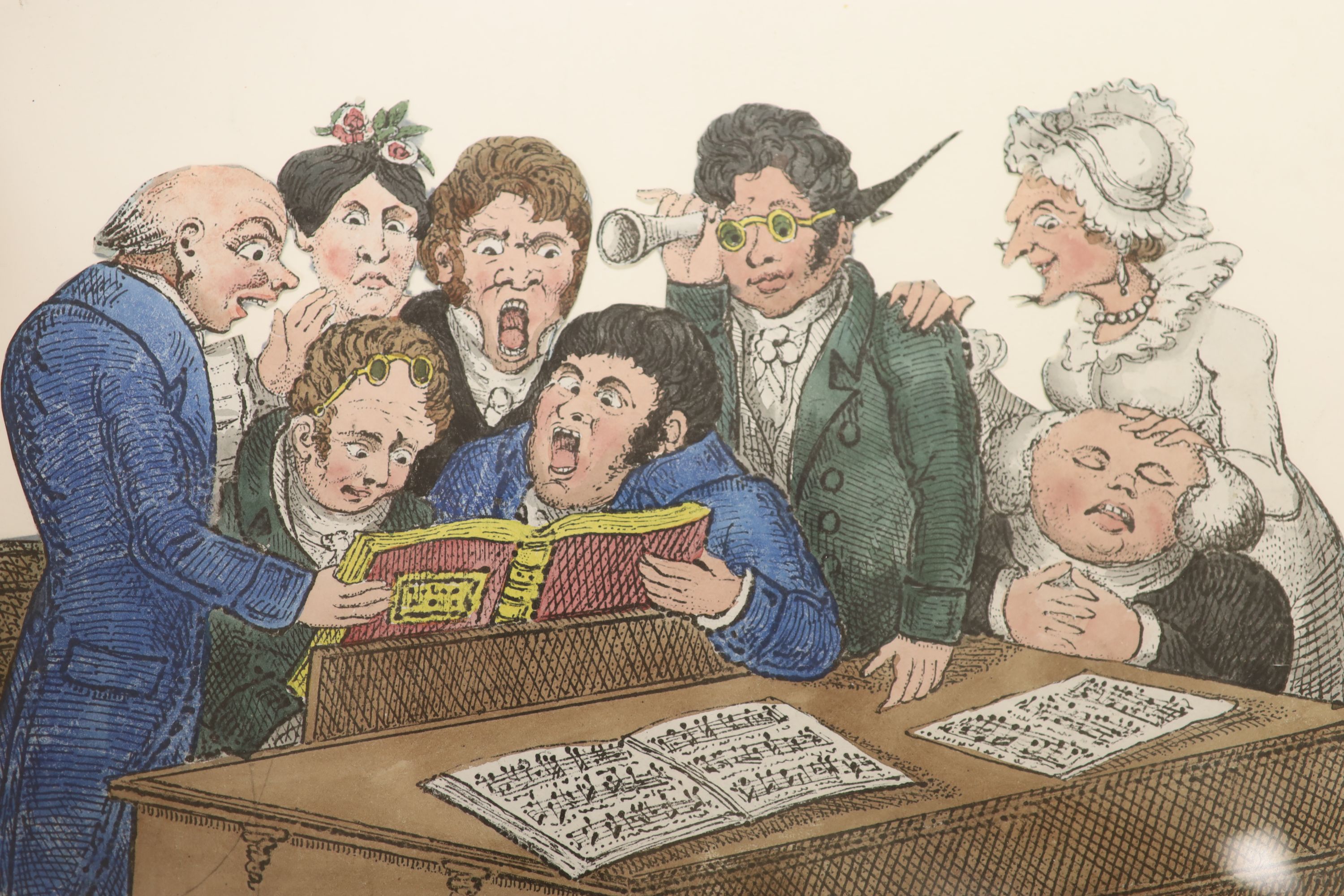 A collection of 18th century hand coloured engravings of churches, together with a cropped print of Glee Singers